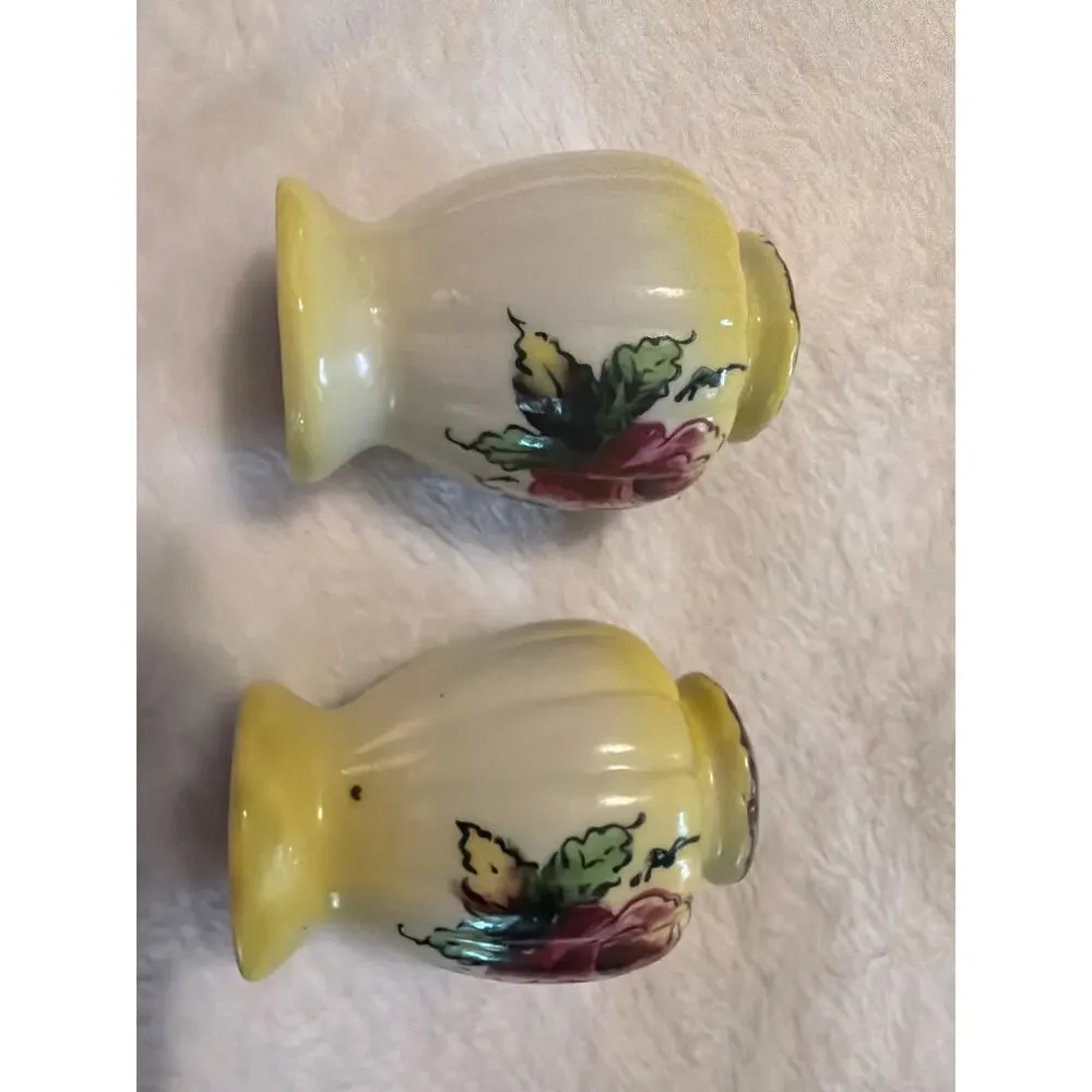 Vintage Hand Painted Rose Porcelain Salt & Pepper Shakers Pair Cork Stoppers
